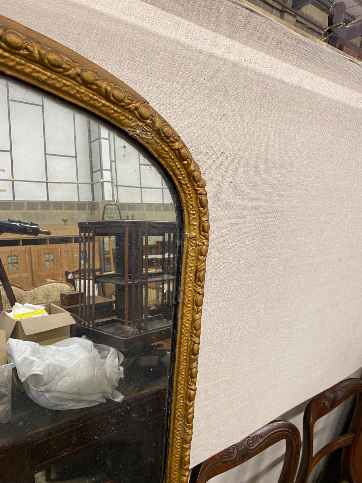 A Victorian giltwood and composition overmantel mirror, width 90cm, height 174cm (re-gilded)